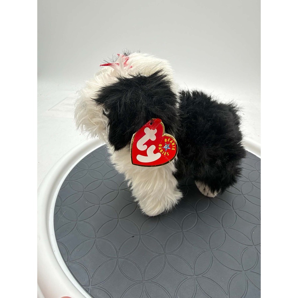 TY Beanie Baby Poofie Dog Black White Plush 2001 Retired w/ Tags